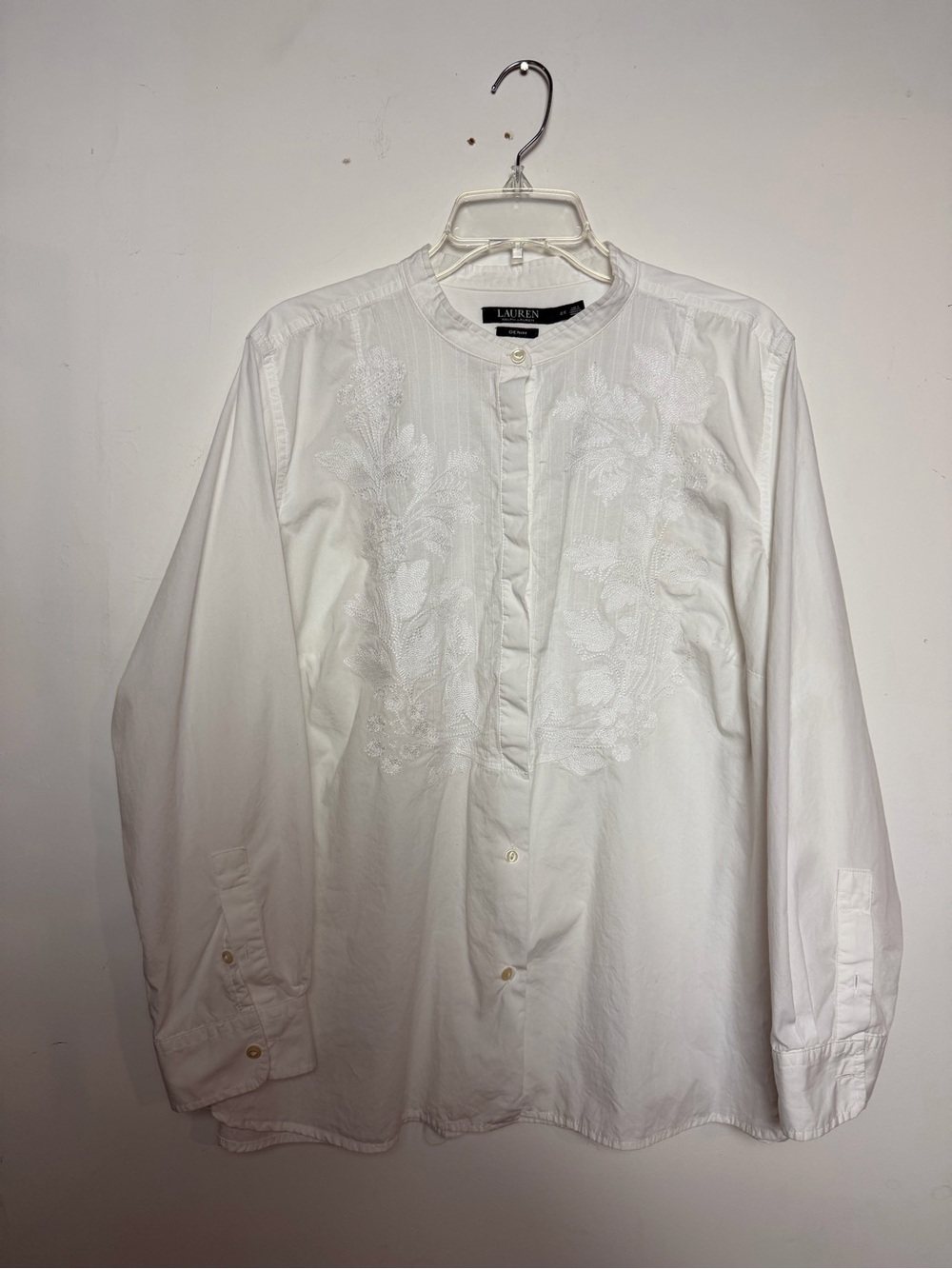 Lauren Ralph Lauren White Embroidered Blouse 2X Cotton Button Down Floral